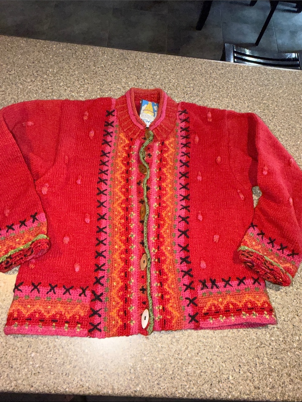 Newari Icelandic Handcrafted Red Embroidered Wool Cardigan
